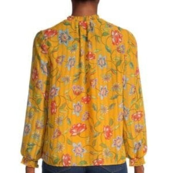NANETTE LEPORE SZ XS Floral Yellow V-Neck Gathered Peasant Top - Picture 5 of 10